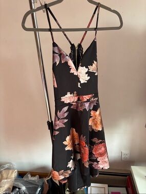 Floral Black V-Neck Spaghetti Strap Dress